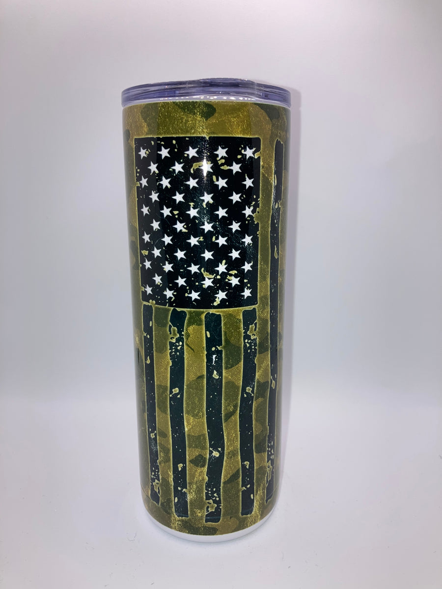 Camo Tumbler with Name on the Front and Distressed Flag on the Back – Candy  Wrapper Store