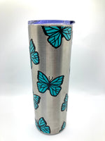 Teal butterflies 20 ounce skinny stainless steel cup