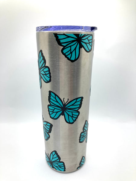 Teal butterflies 20 ounce skinny stainless steel cup